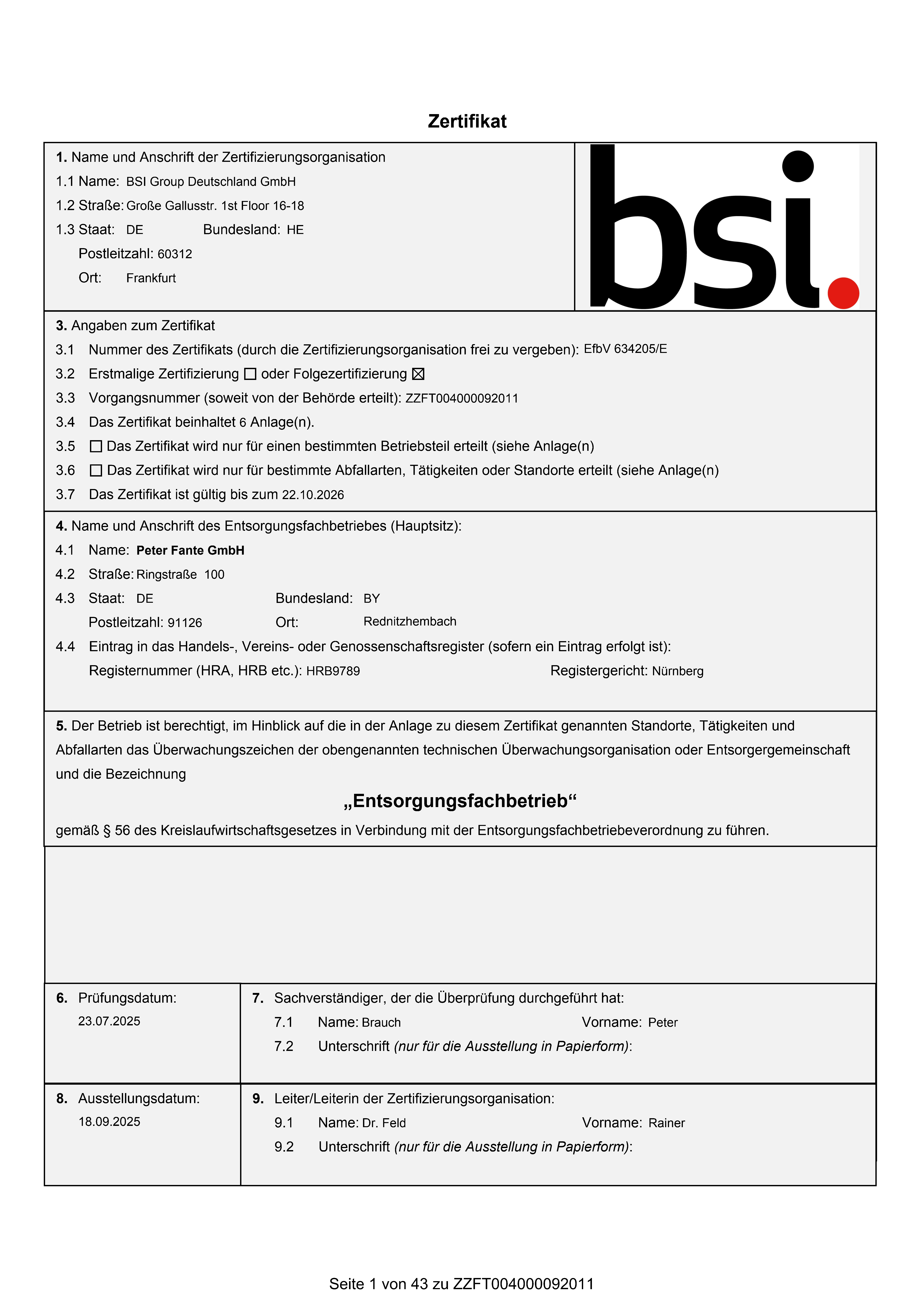 Entsorgungsfachbetriebezertifikat Peter Fante GmbH